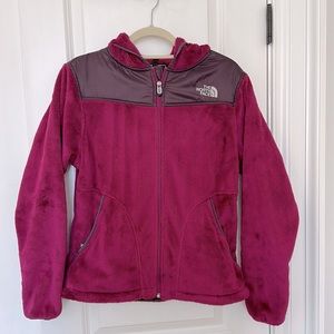 North face zip up fleece hoods jacket. Size Medium. Cranberry color.